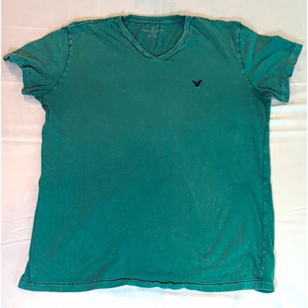 American Eagle Outfitters Men's Green V-Neck Logo Cotton Knit Tee Size L